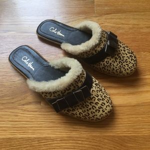 Cole Haan Leopard Print Bow Faux Fur Mule Slides